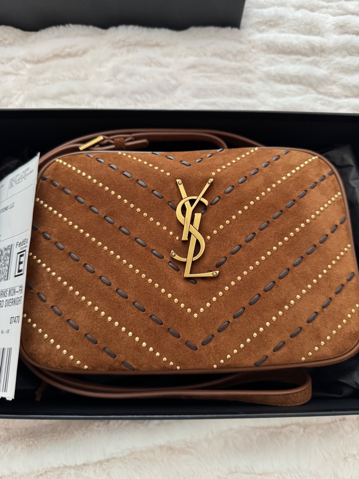 YSL LOU CAMERA BAG IN QUILTED YUMMY SUEDE. Gold bead accents and Whipstitched
