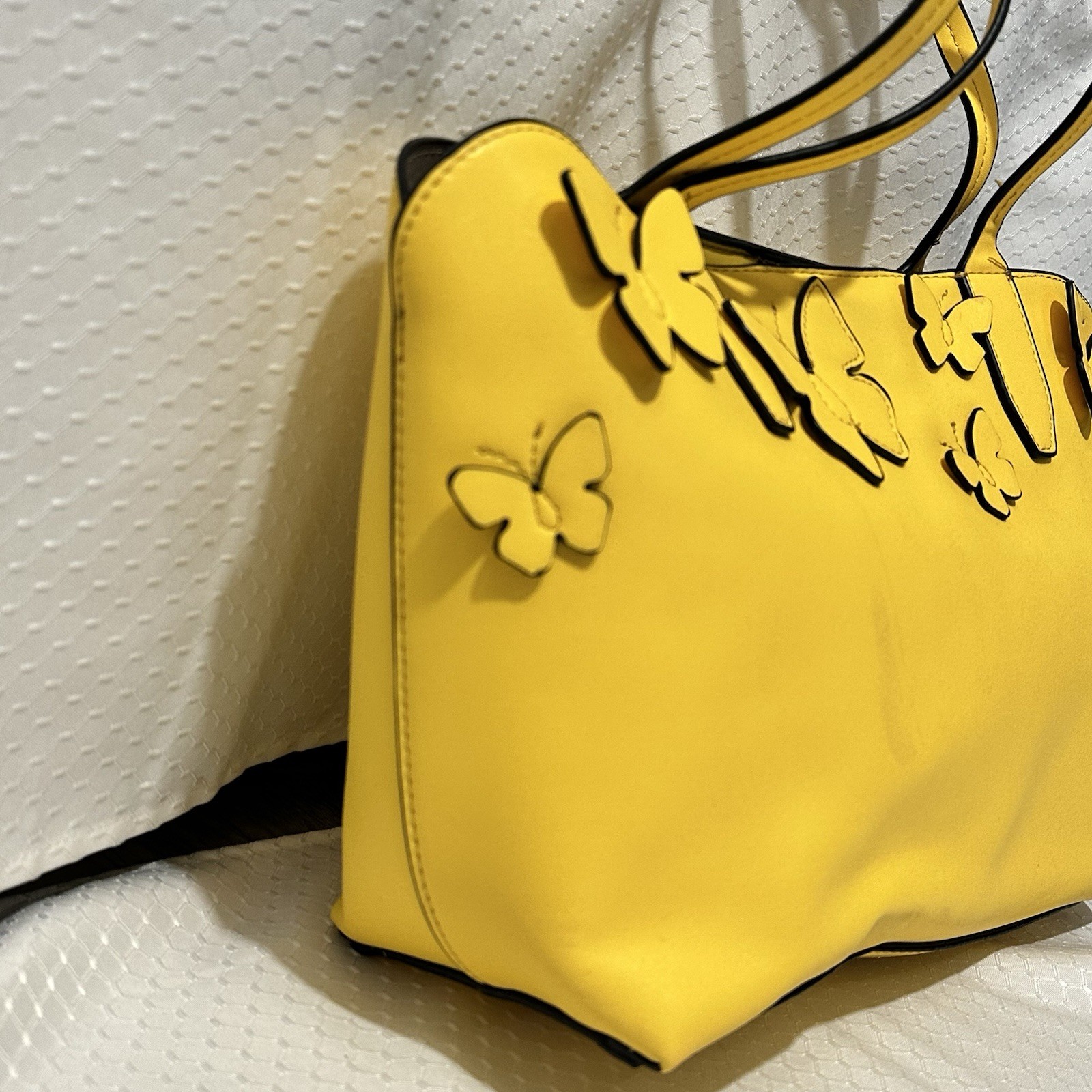 Yellow Butterfly Applique Purse, Double Handles, snap closure, Inside Pockets