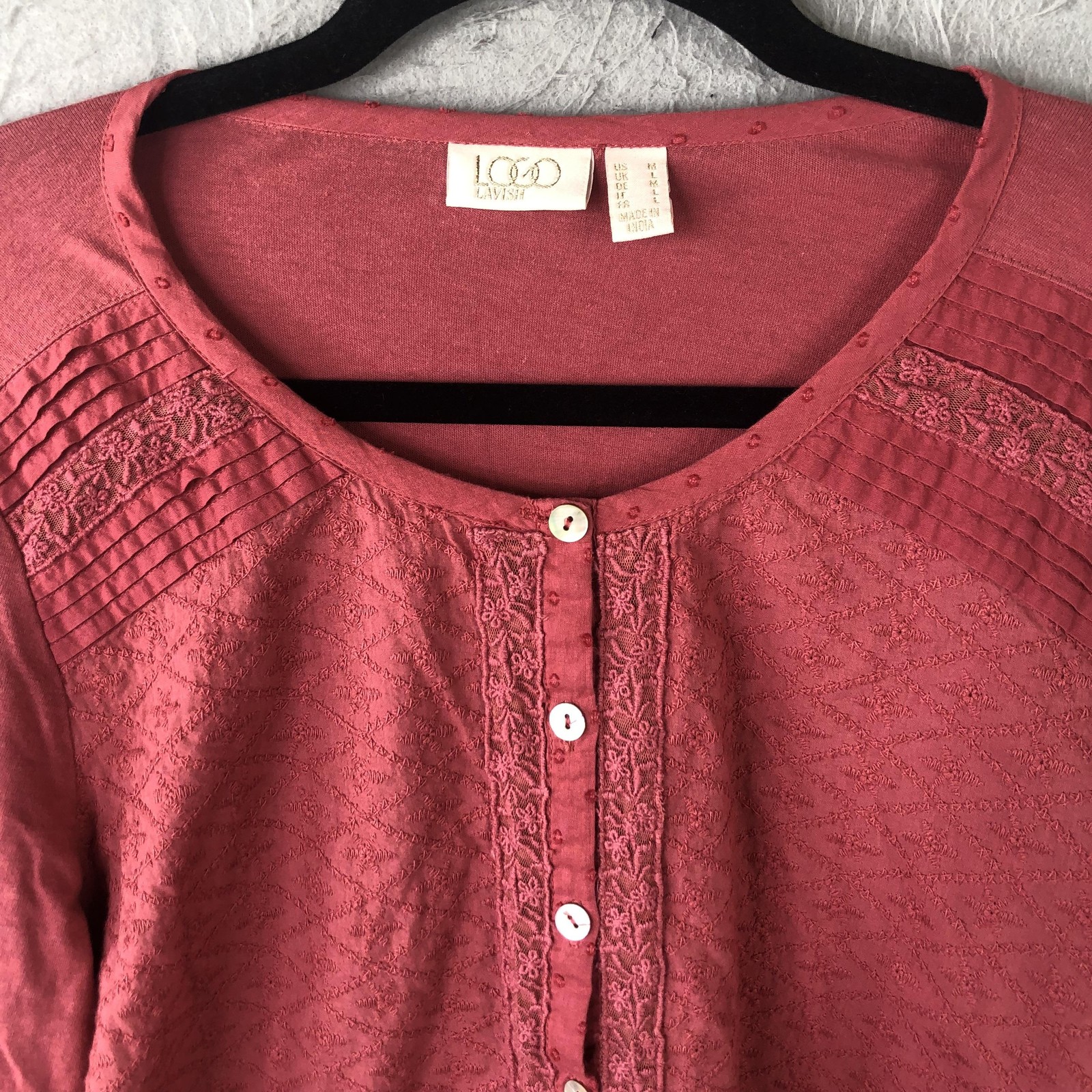 LOGO Lavish Top Womens M Pink Embroidered Feminine Boho Eyelet Peplum Festival
