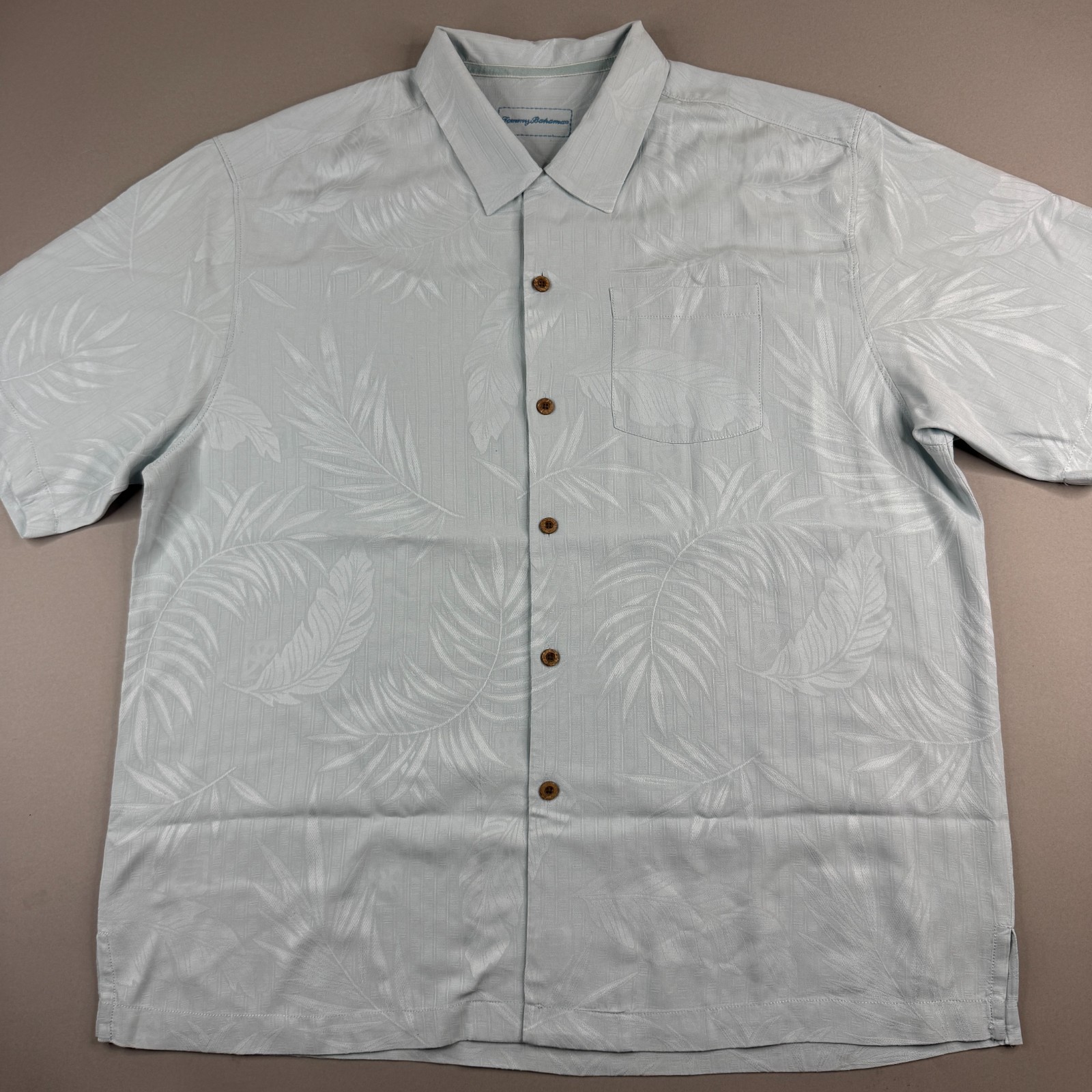 Tommy Bahama Mens XL Light Aqua Seafoam Blue Tonal Jacquard Palm Silk Hawaiian