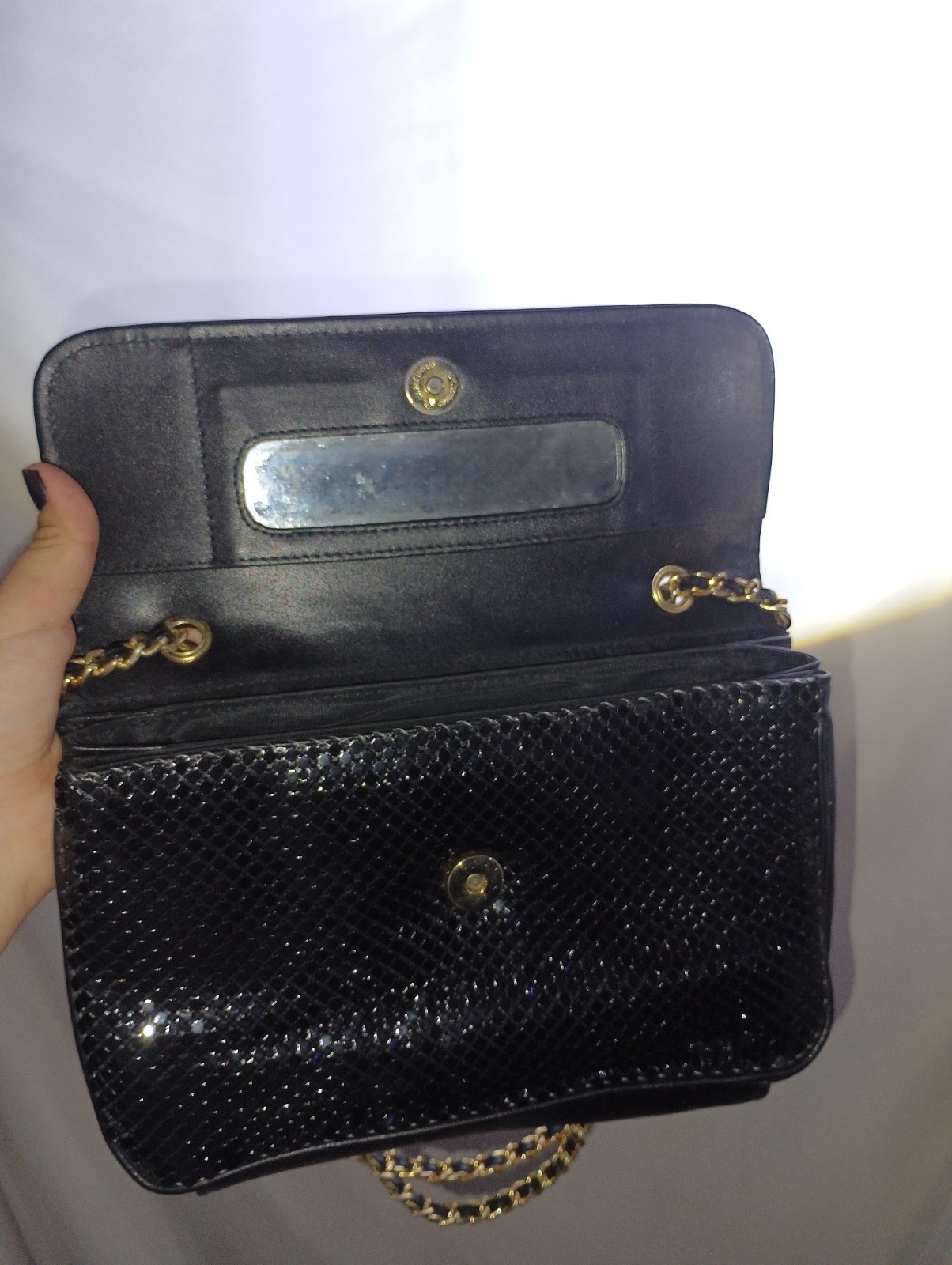 Whiting & Davis Black Metallic Mesh Small Shoulder Bag, Gold Chain Strap Mirror