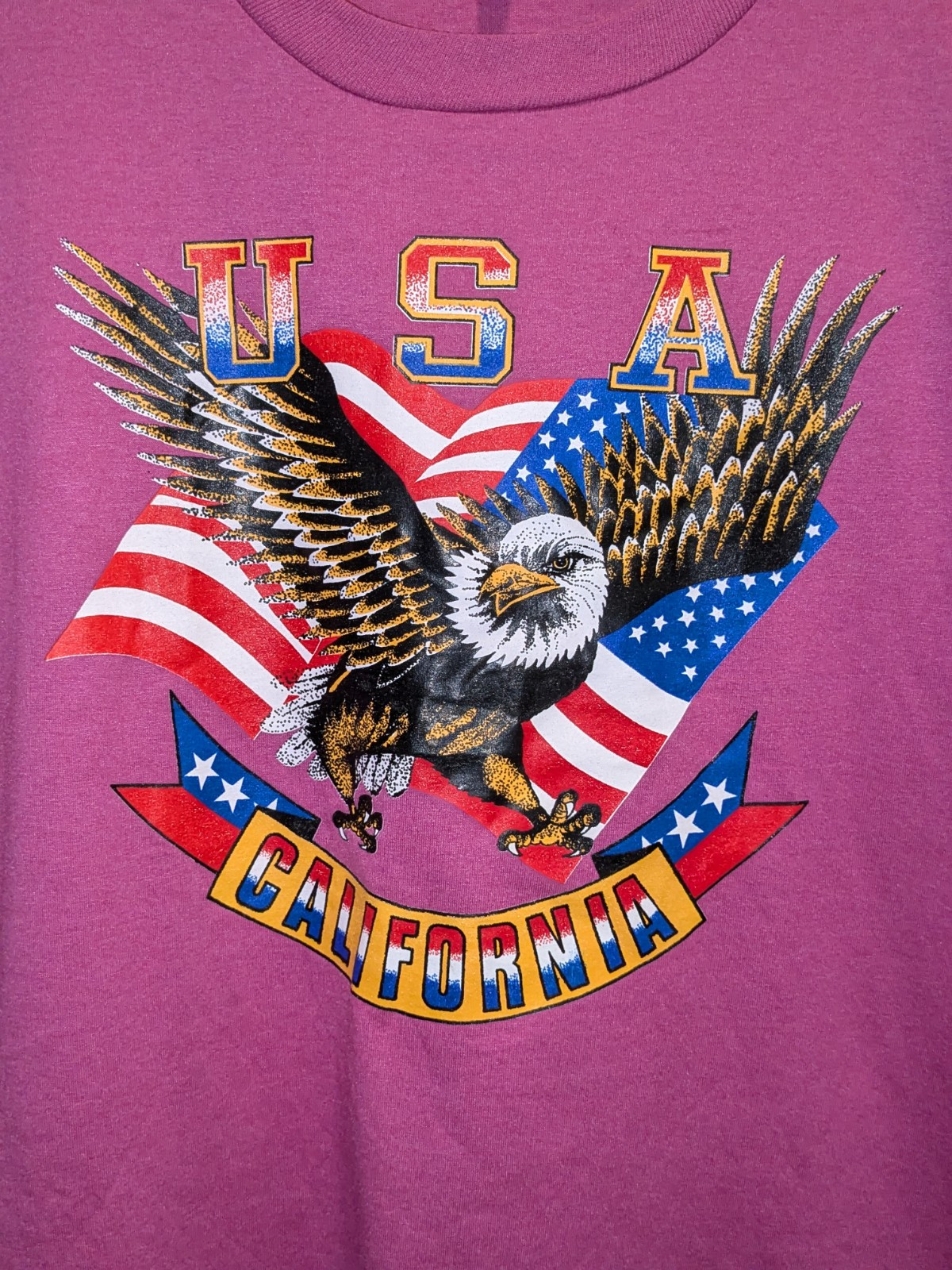 VTG 90s Jerzees California USA Bald Eagle T-Shirt Mens Magenta SS Crew Neck 2XL