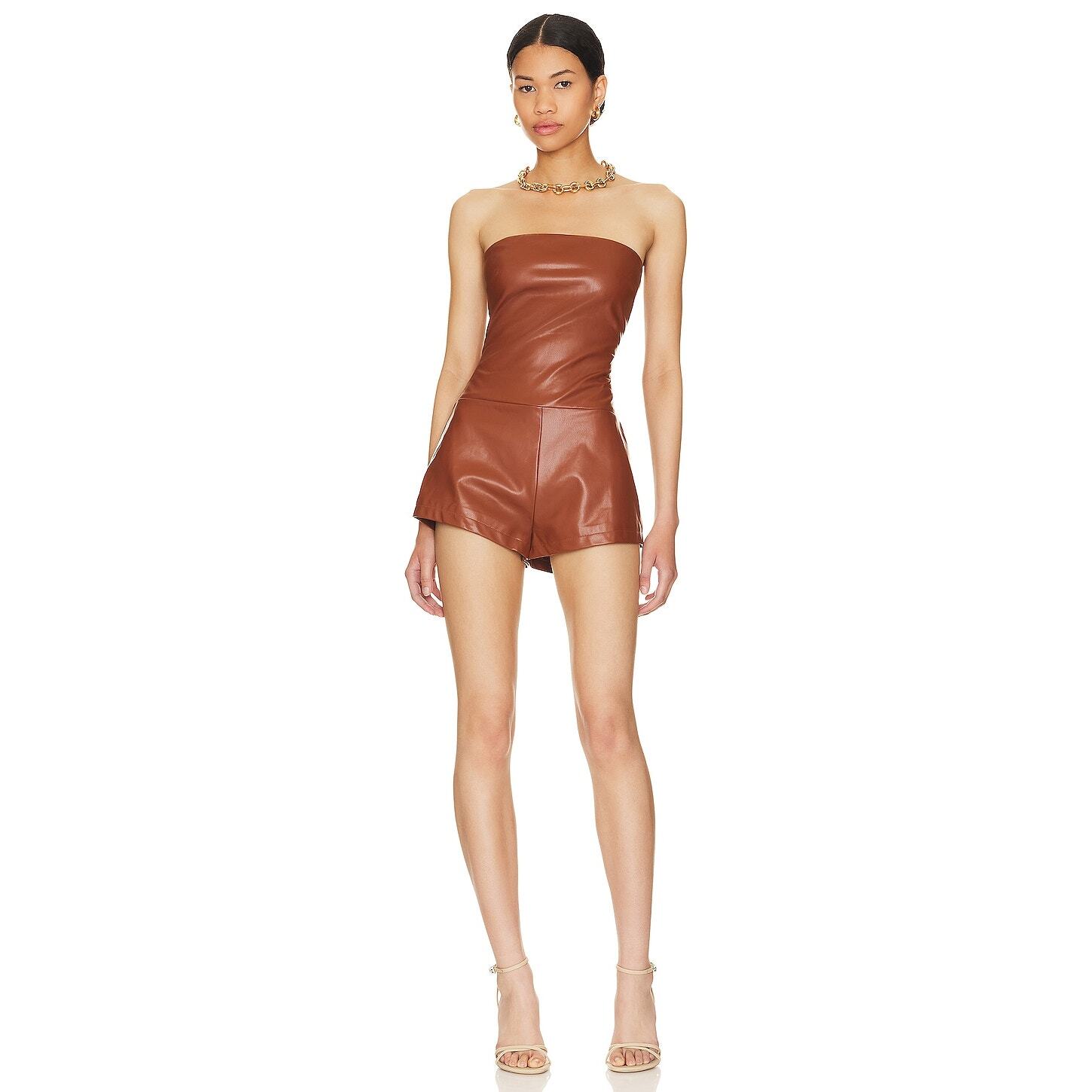 Superdown Briar Faux Leather Romper Brown Strapless Vegan Sz M