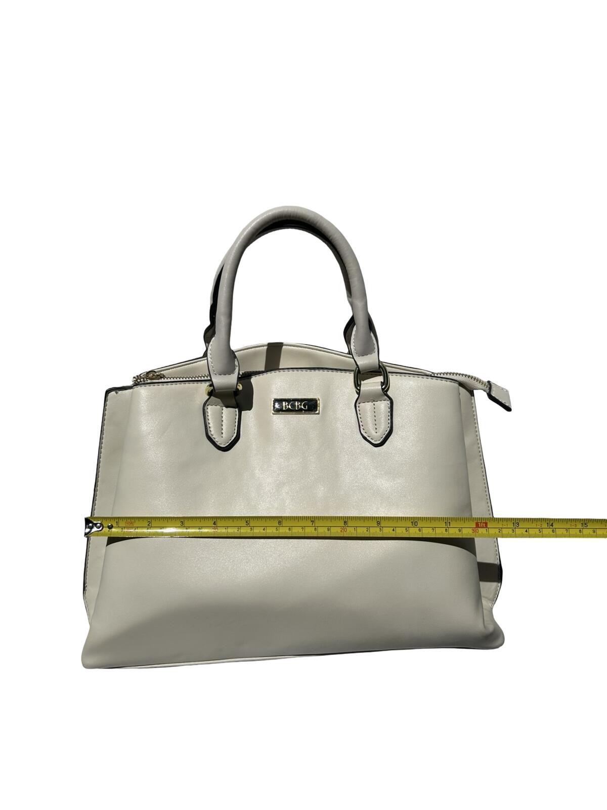 BCBG Cream Ivory Satchel Handbag Faux Leather Tote Purse Gold Hardware