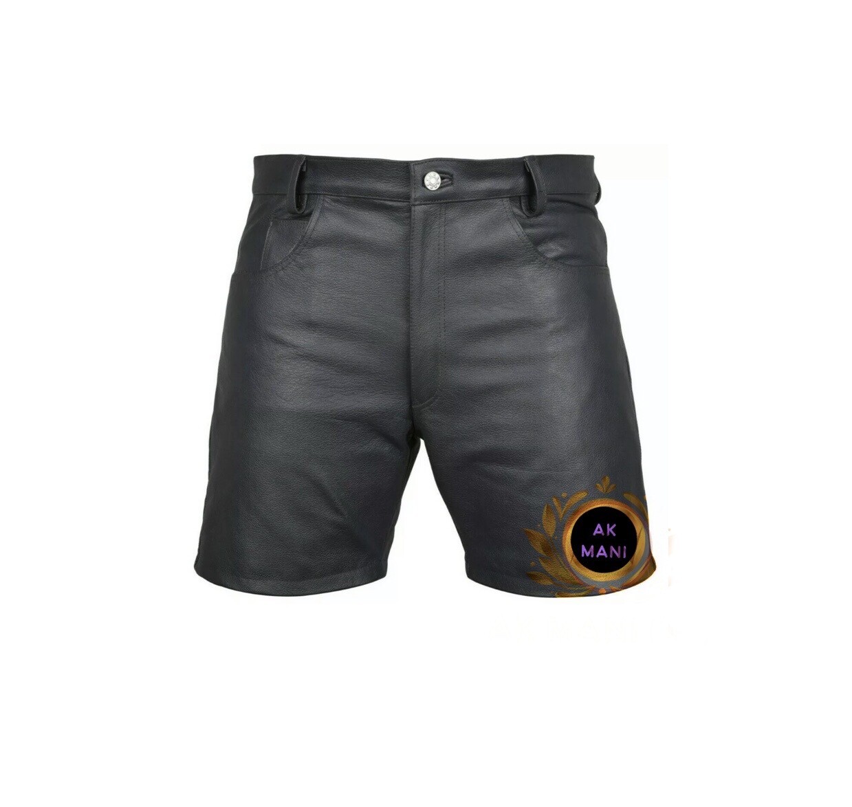 Mens Genuine Leather Short Black Casual 5 Pockets Short Zipper Fly Real Leather