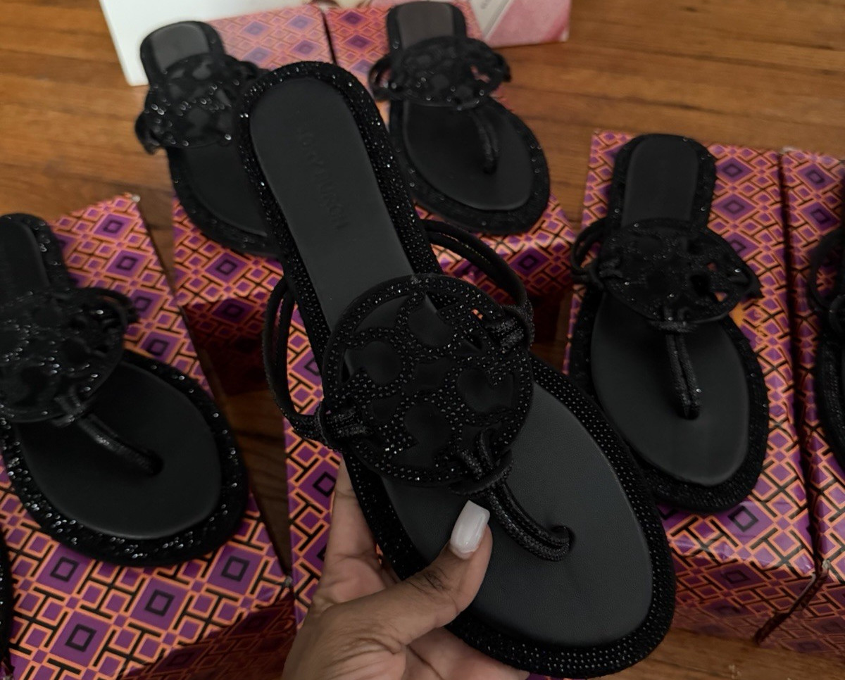 Tory Burch Rhinestone Thong Slip-On Sandals Black Red Beige Breathable Women