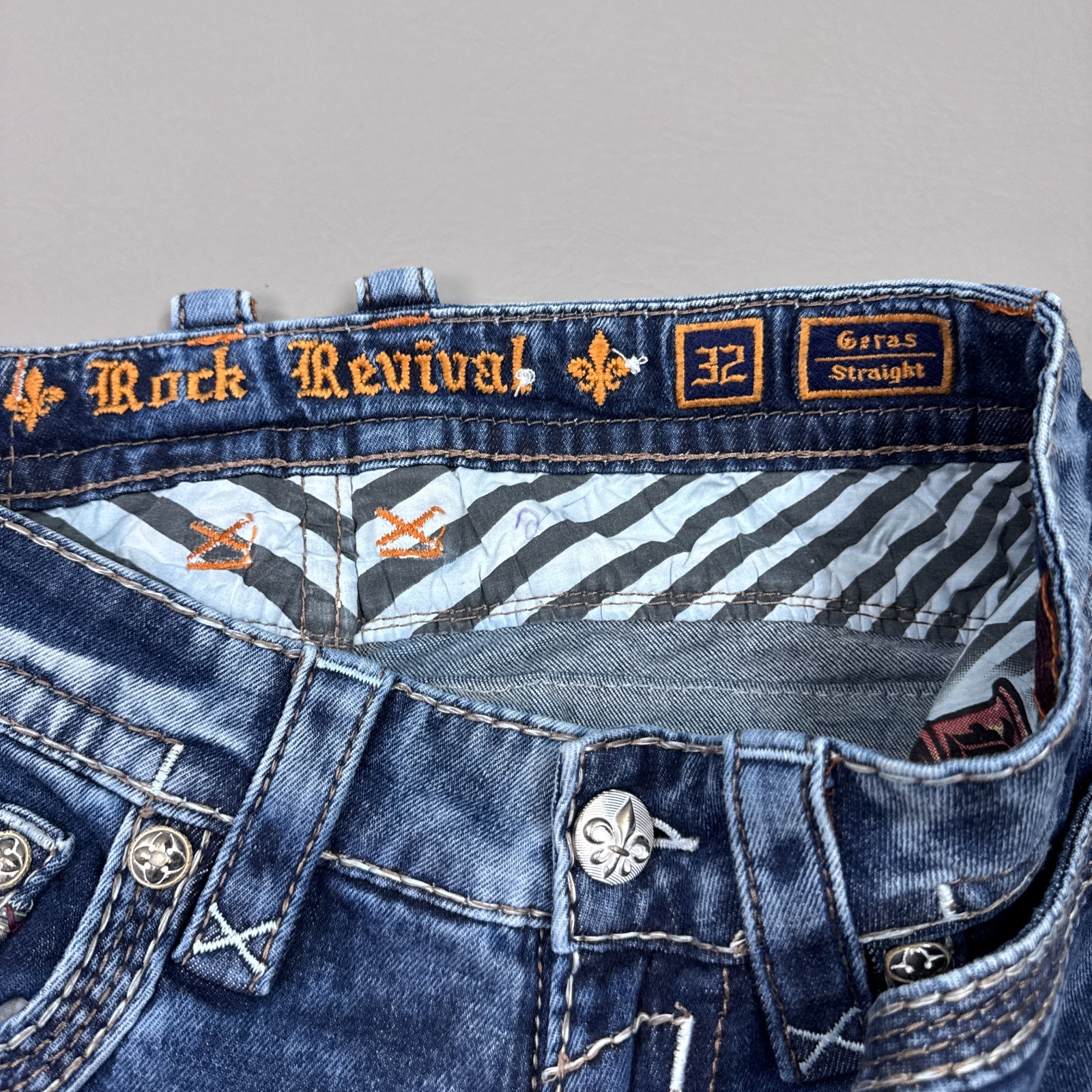 Rock Revival Jeans Mens 32×32 Blue Geras Denim Pants Embroidery Faded Stretch