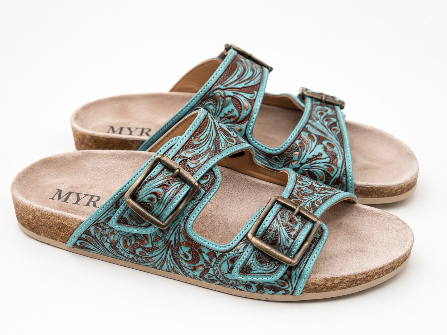 MYRA Leather Slide Sandals Turquoise/Brown Floral Double Buckle 10