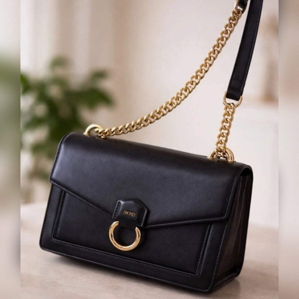 JW PEI Black Envelope Chain Crossbody Bag Gold Chain Vegan Leather NWT