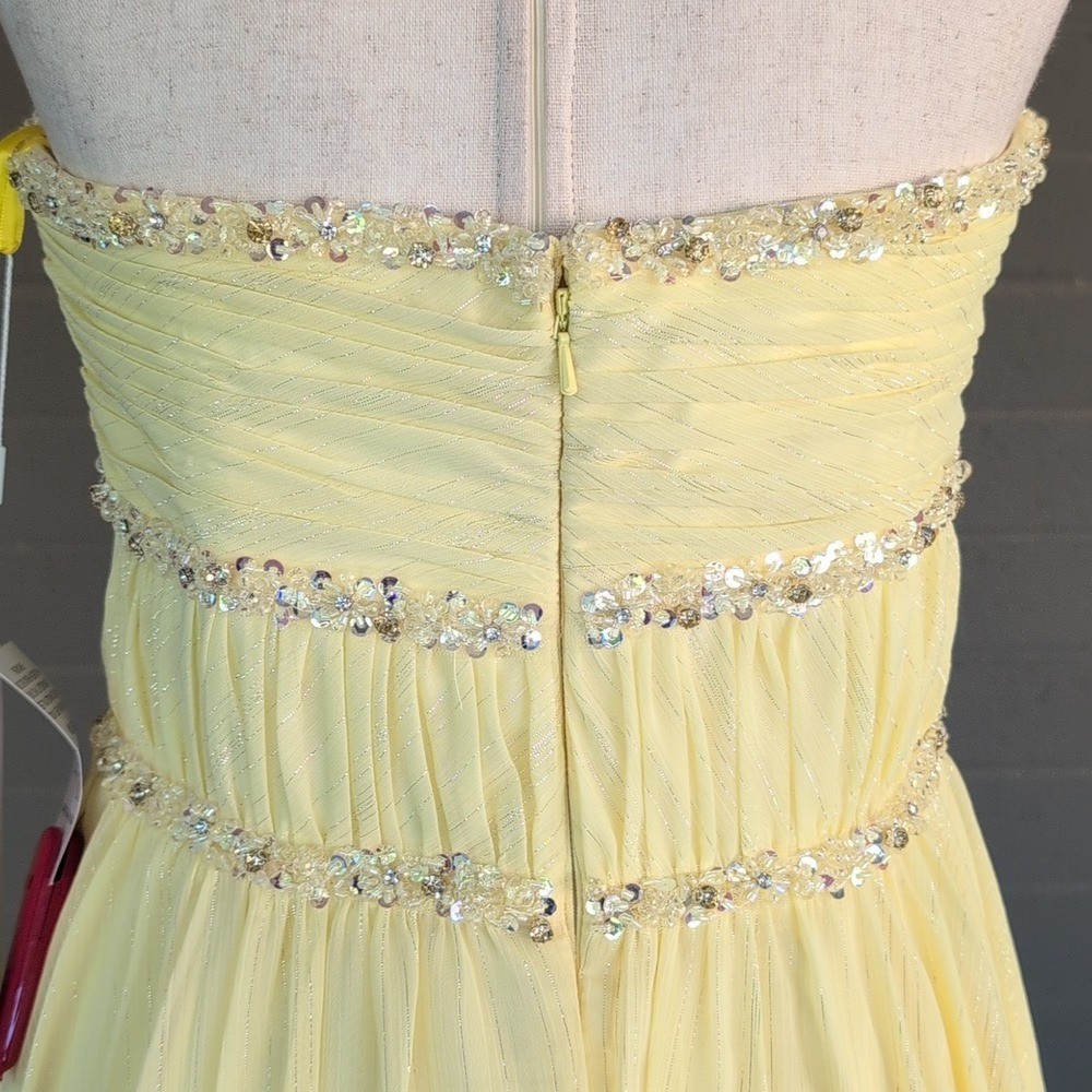 NWT MAC DUGGAL Beaded Strapless Chiffon High Low Evening Dress Lemon 68096 SZ 4