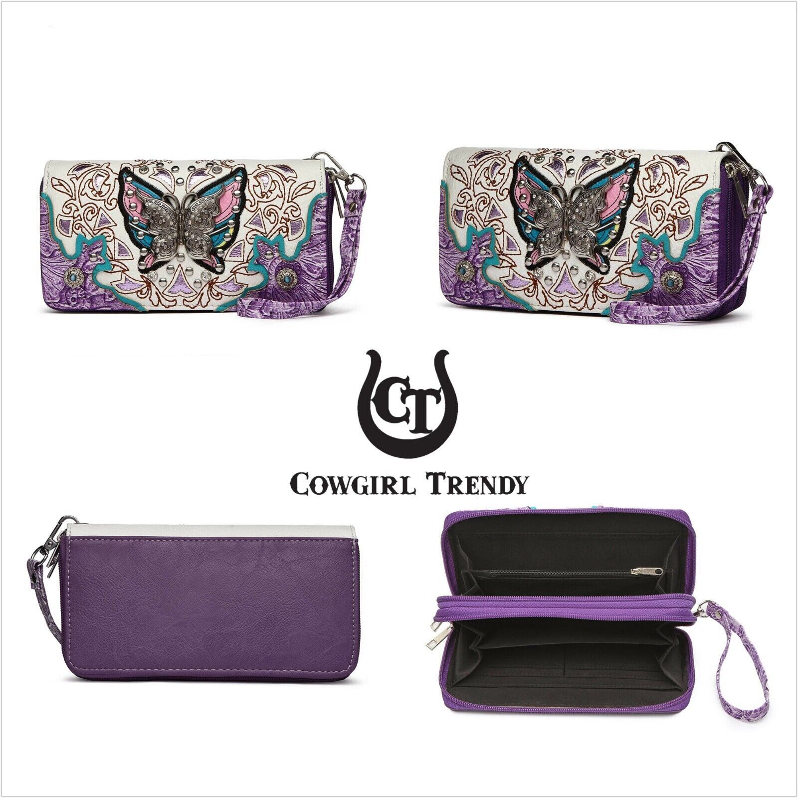 Butterfly Handbag Western Purse Women Shoulder Bag Crossbody Wallet Set Purple