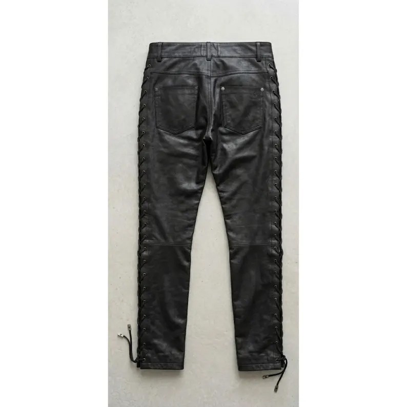 Men’s Genuine Leather Lace-Up Pants Black Western Biker Motorcycle Trousers