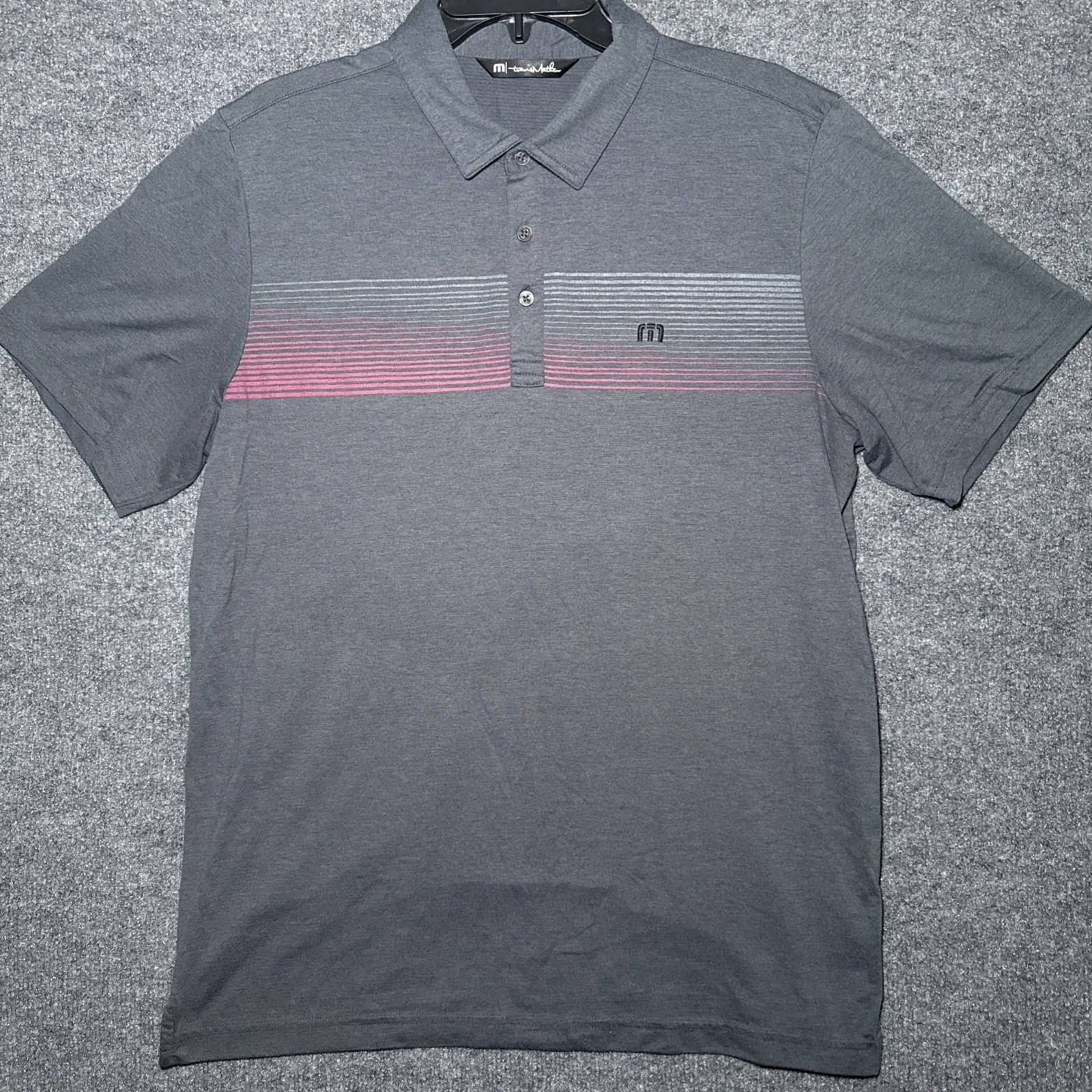 Travis Mathew Polo Shirt Men’s Large Gray Striped Gray & Red With Black Logo