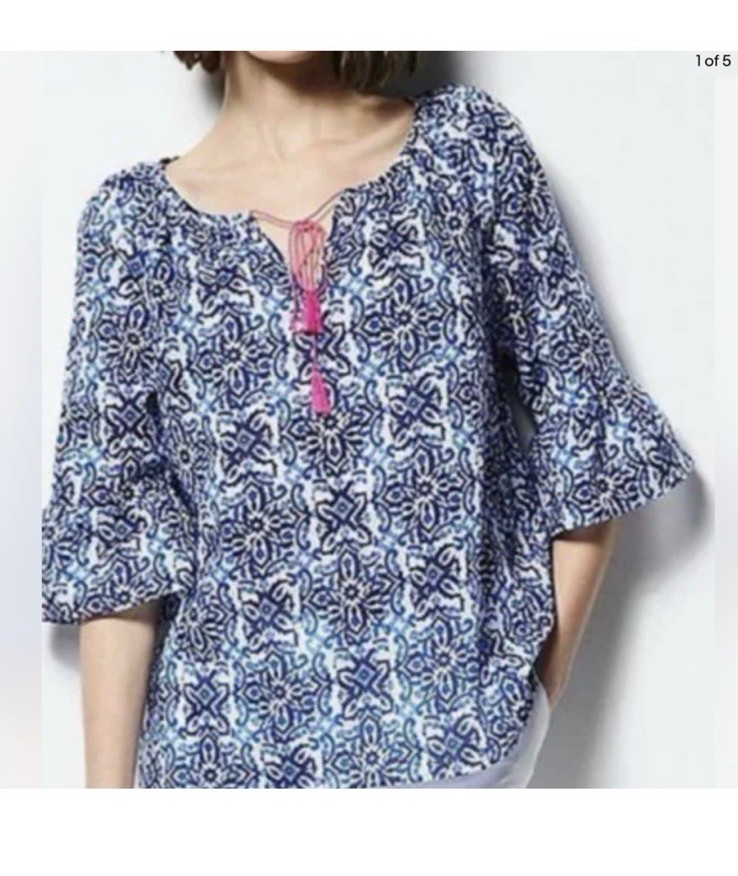 MILLY Peasant Blouse Floral Blue White Pink Cotton Tie Neck Tassel XL