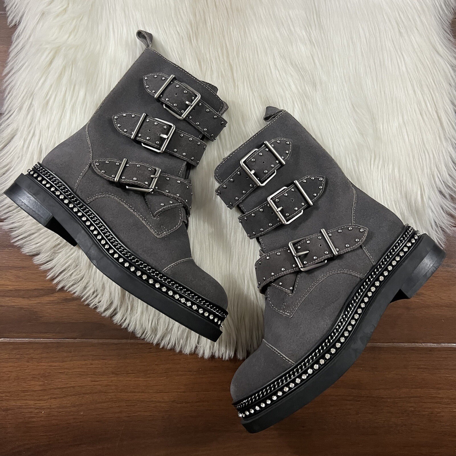 Vince Camuto Women’s Size 6 M Gray Suede Leather Stud Chain Bobette Boots