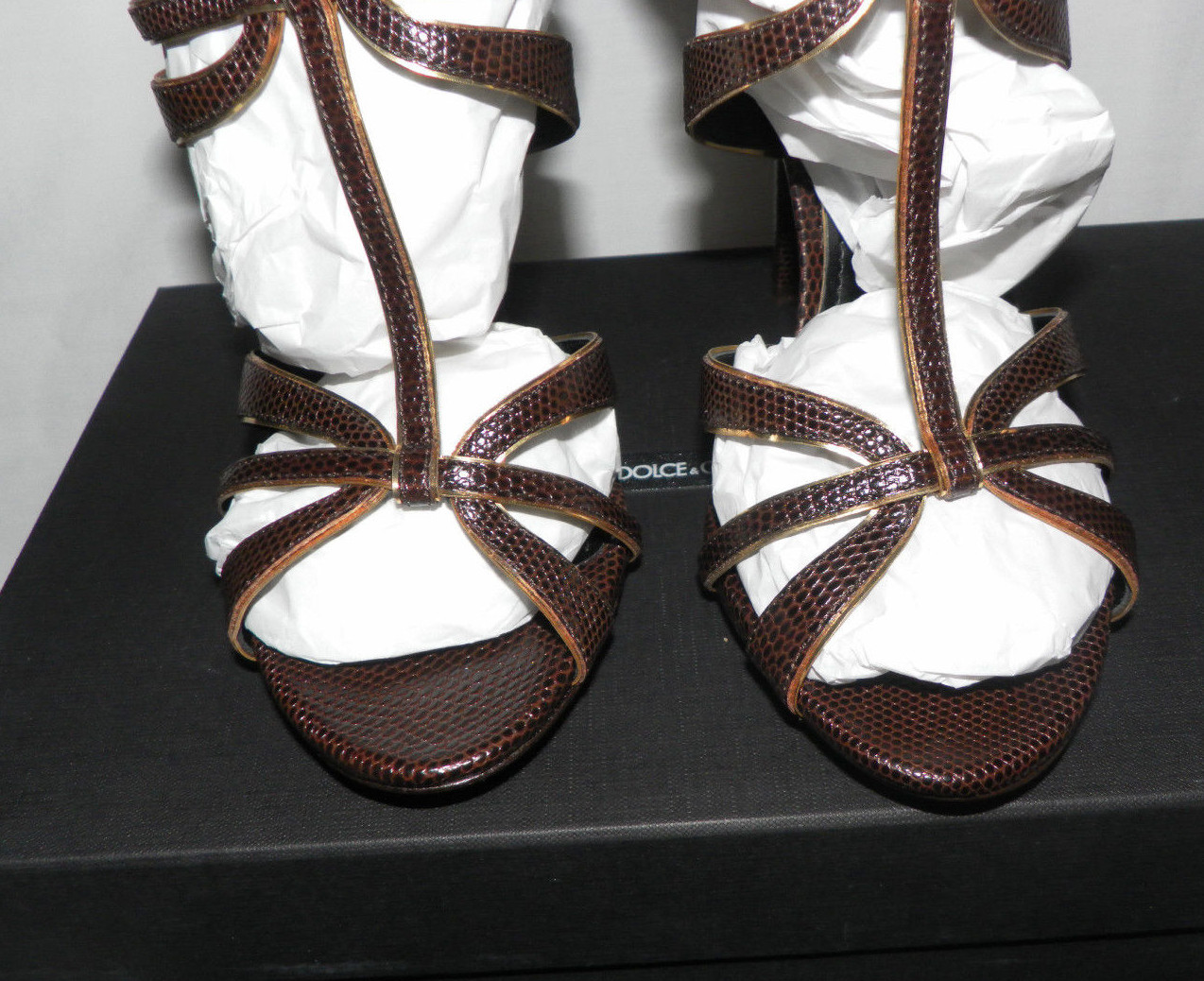 DOLCE & GABBANA LIZARD STRAPPY T-STRAP SLINGBACK STILETTO SANDALS BROWN Sz. 40