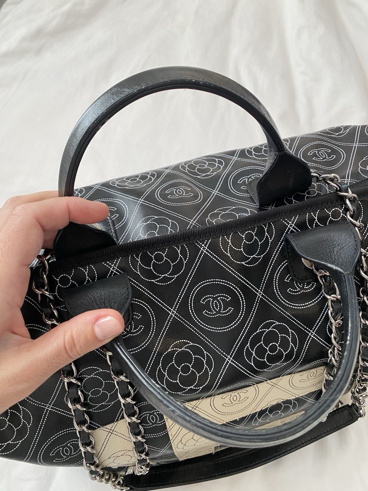 CHANEL Large Deauville Camellia Shopping Coated Canvas Tote Bag Black Beige✨