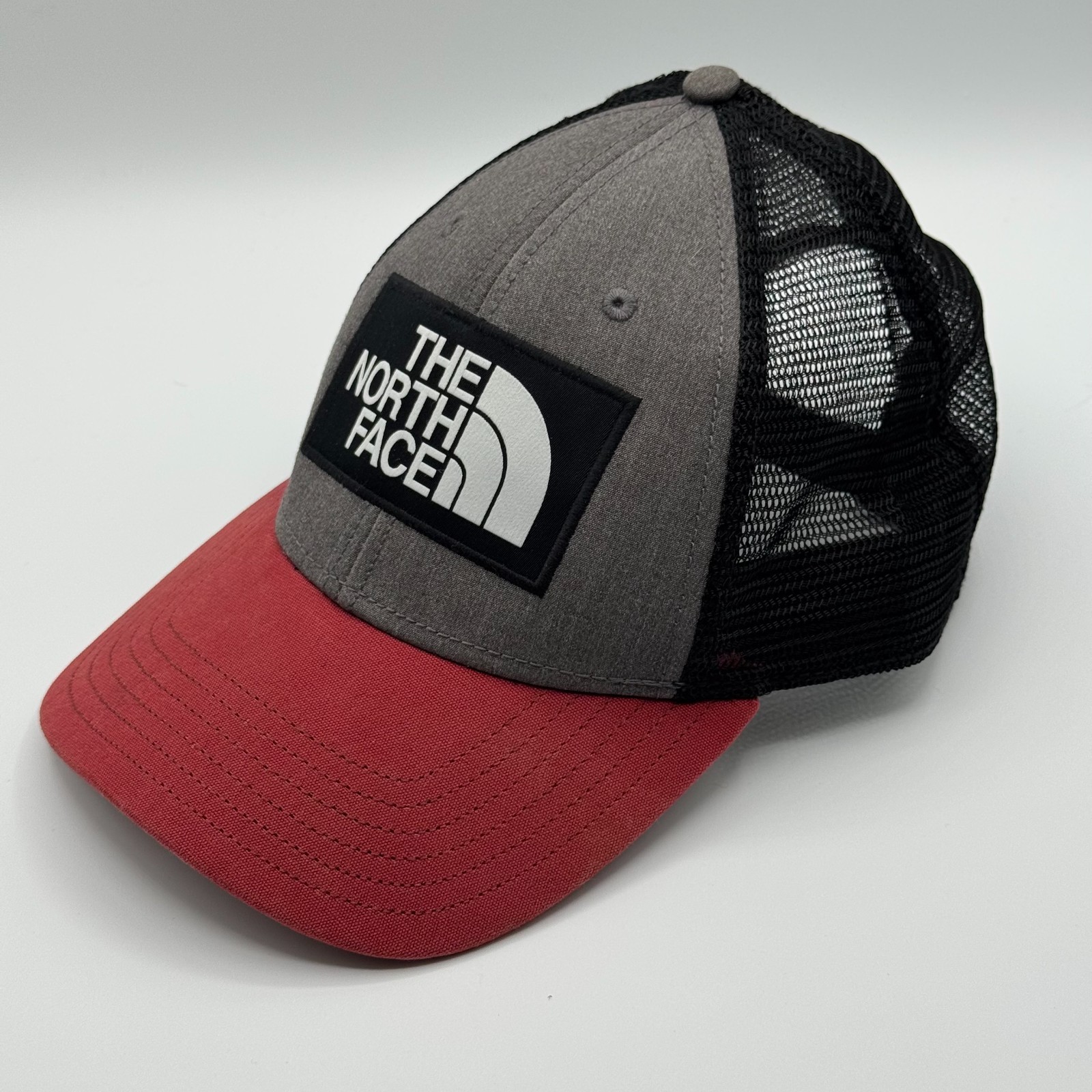 The North Face Embroidered Patch Trucker Snapback Hat Red Grey Black Adjustable