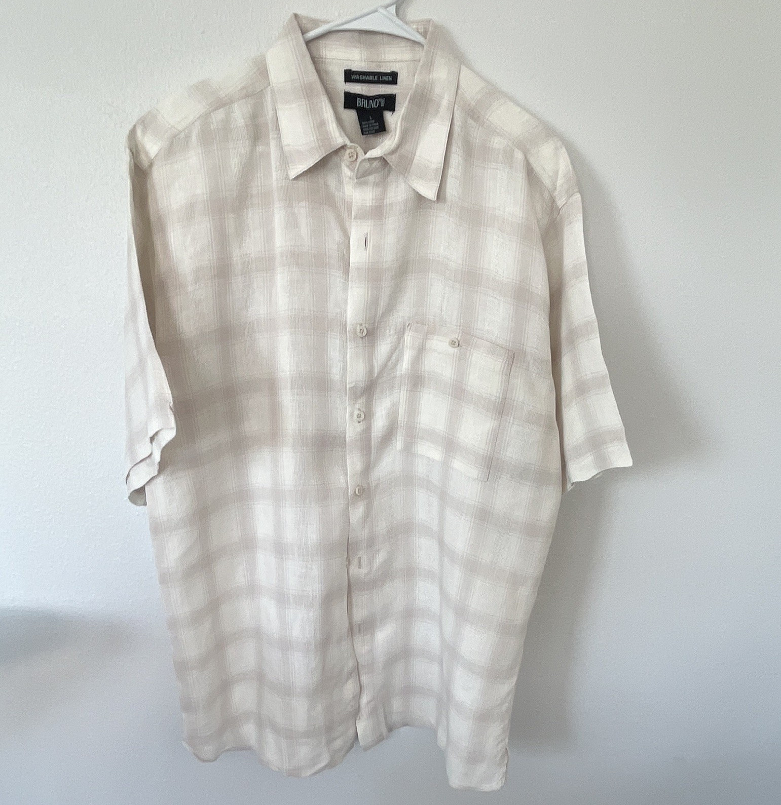 100% linen Bruno Men’s M Linen Short Sleeve Beige/White Plaid Button-Up Shirt