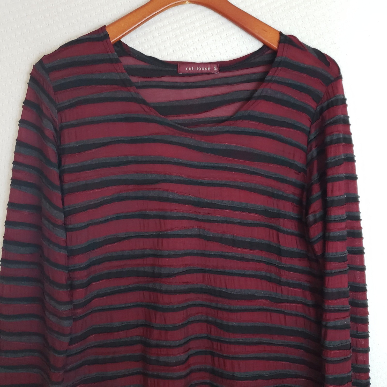 Cut Loose Womens Tunic Top Burgundy Gray Striped LS Textured Sz M semi-sheer