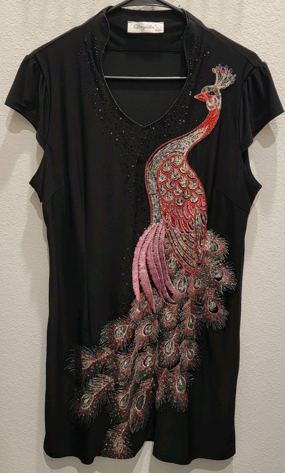 Black Dress Beaded And Sequin Peacock M/L Daiyisilan Oriental Style Vintage