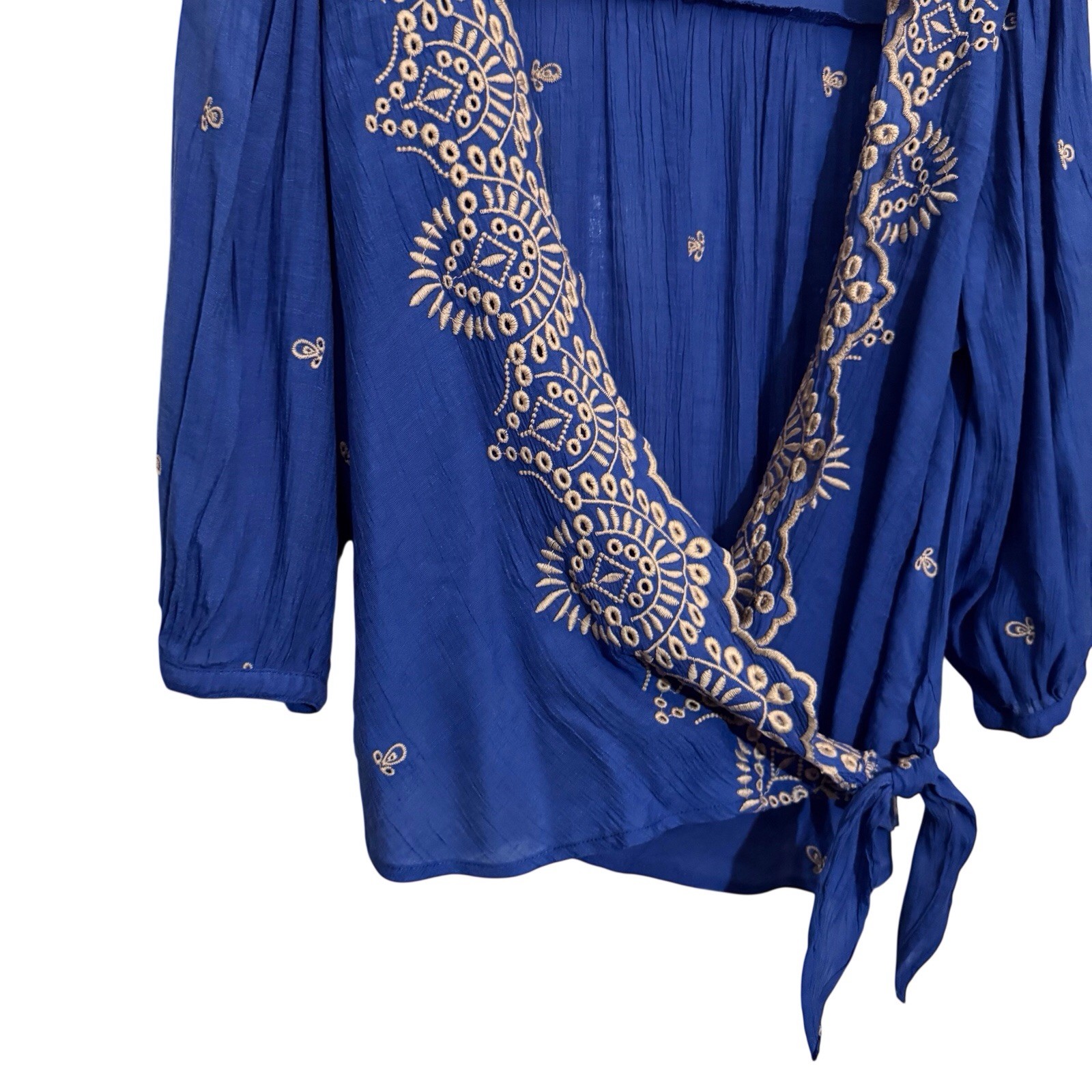 Fig And Flower Size Medium Blue Floral Embroidered Wrap Top Blouse Boho Cottage
