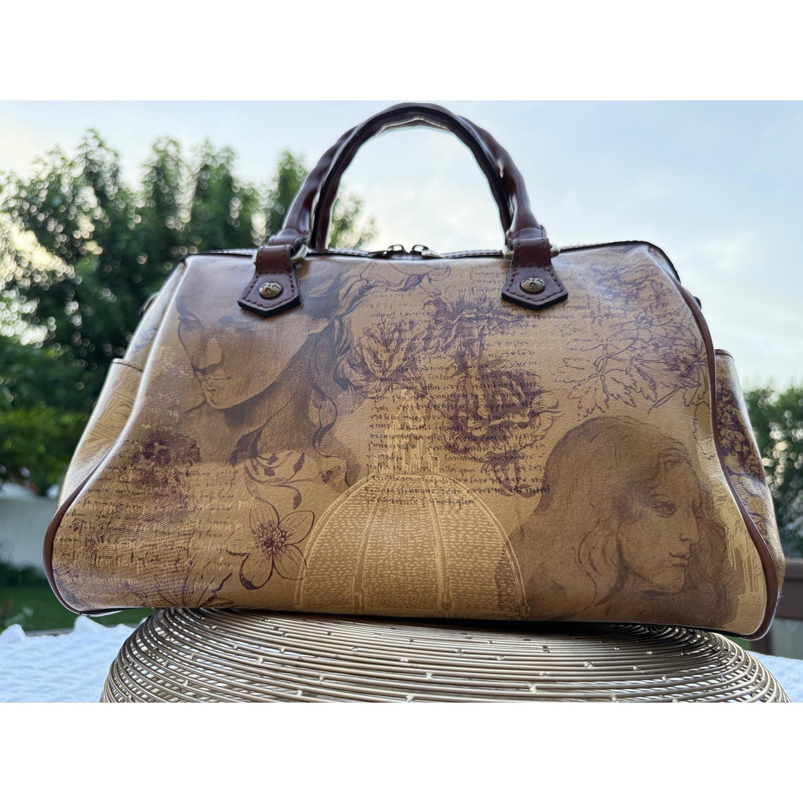 Rare Retired Patricia Nash Leather Satchel Italian Sketchbook Print Bag Tan