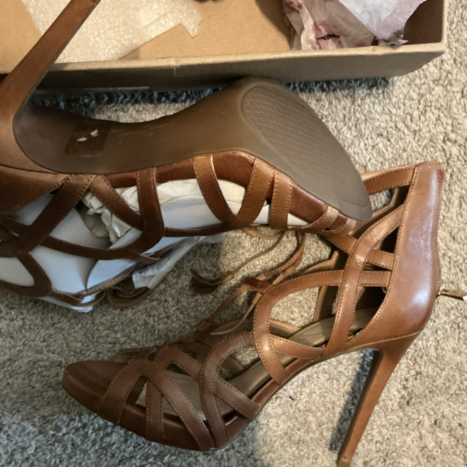 Jessica Simpson Brown Leather Strappy Open Toe Lace-Up Stiletto Heels 9.5M