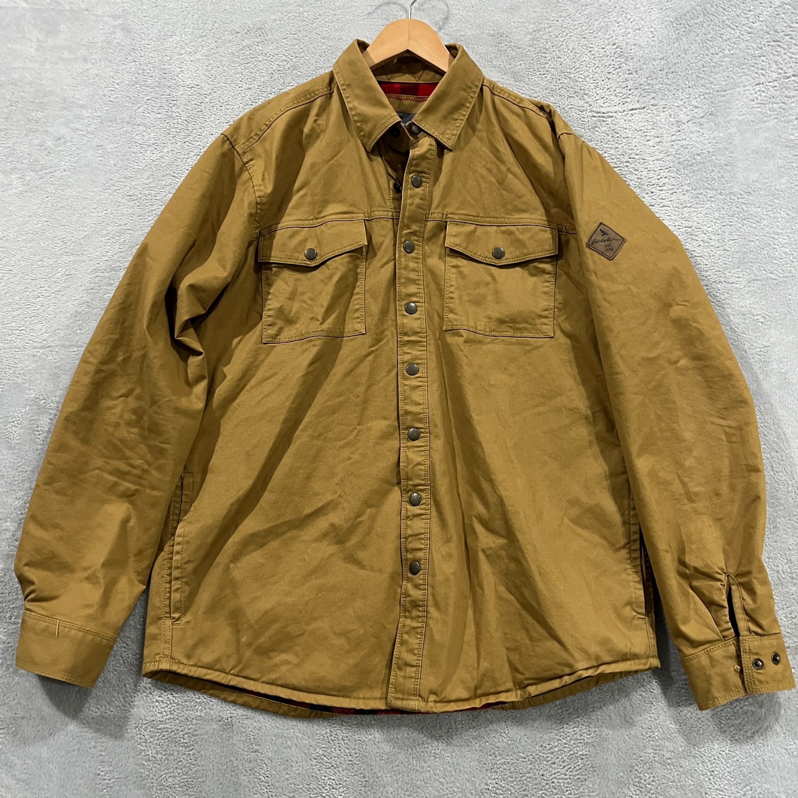 Eddie Bauer Jacket Mens Tall Large Tan Fleece Lined Shirt Shacket Snap Western