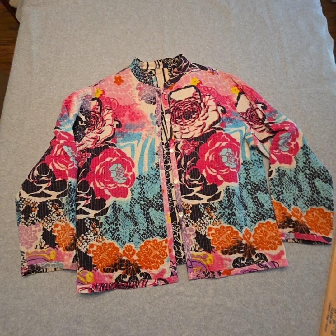 Floral Jacket Womens XL Multicolor Cotton Quilted Reversible Short Button Boho