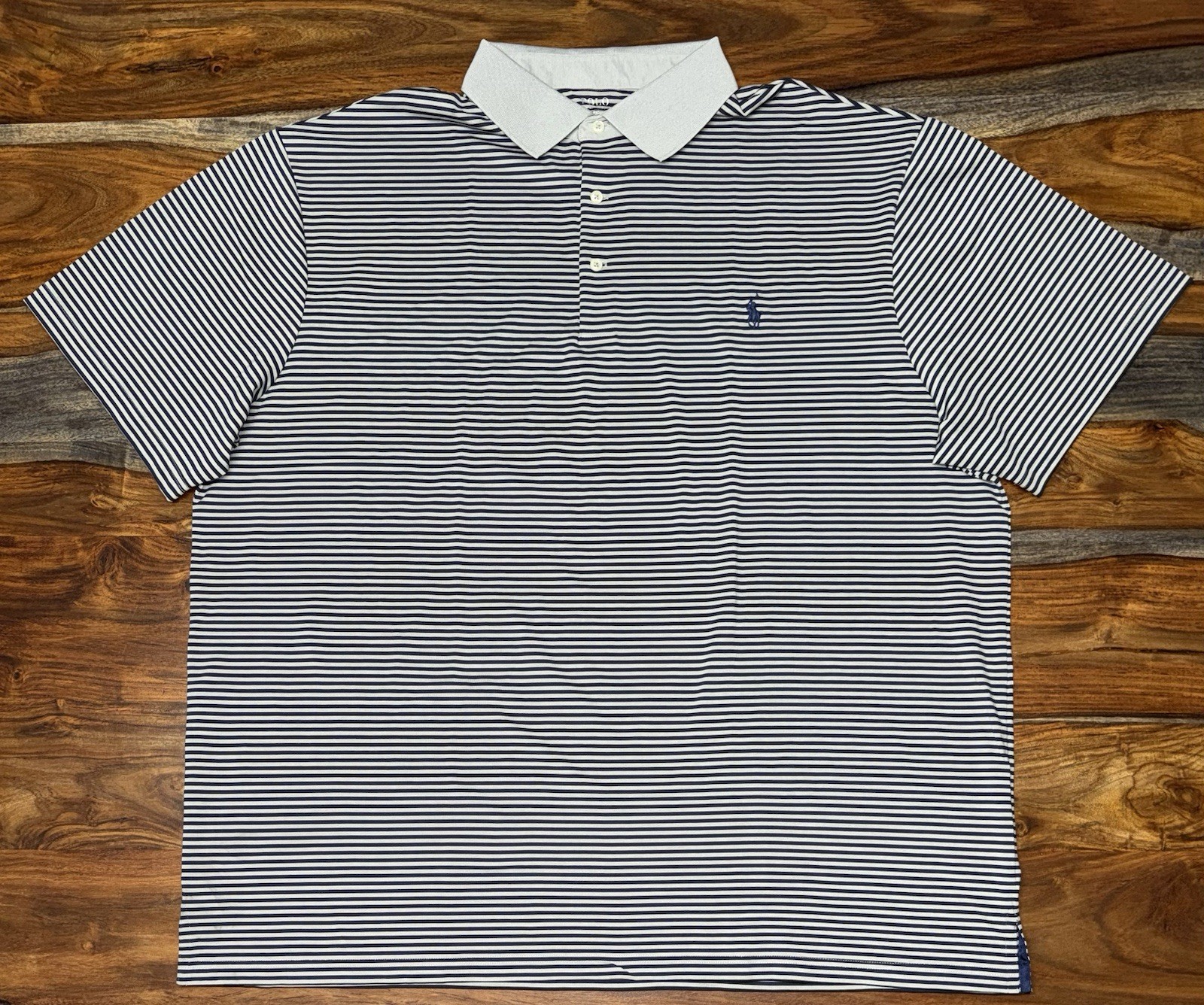 POLO RALPH LAUREN Men’s Big & Tall Grey Navy Striped Performance Polo Shirt 2XB