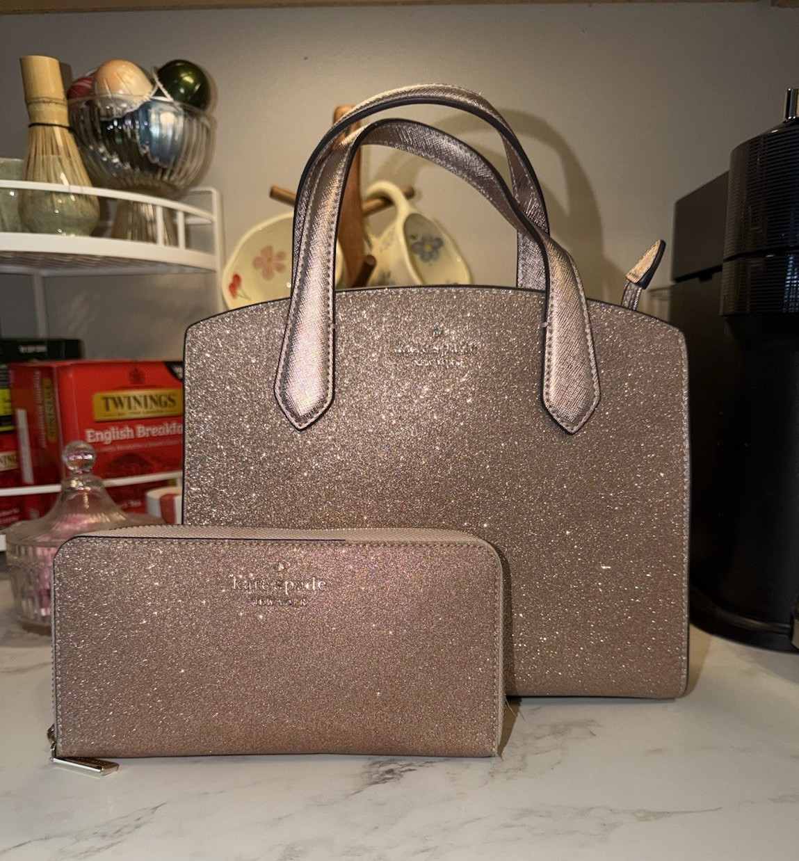 Kate Spade New York Rose Gold Glitter Satchel Top Handle Zip, Dust Bag, Gold