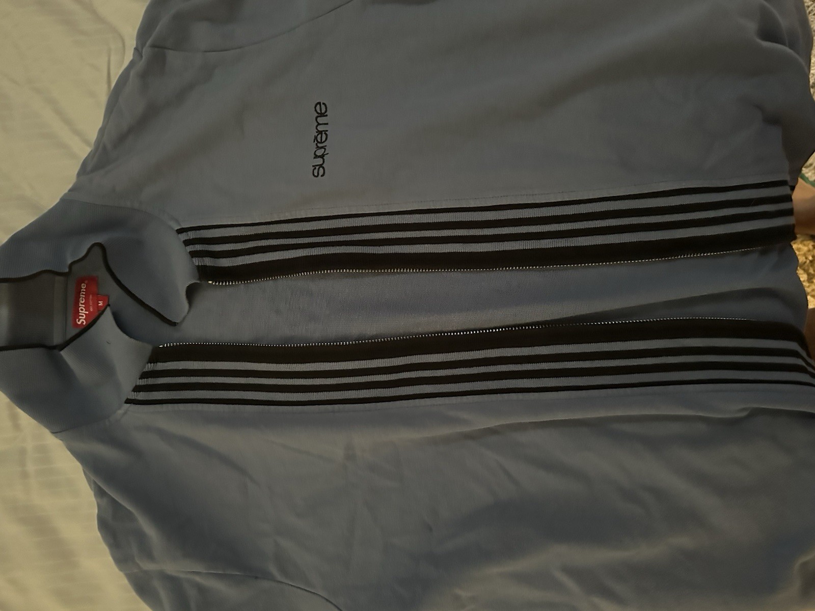 Supreme Blue Striped Full Zipper Cardigan – Logo Size – M