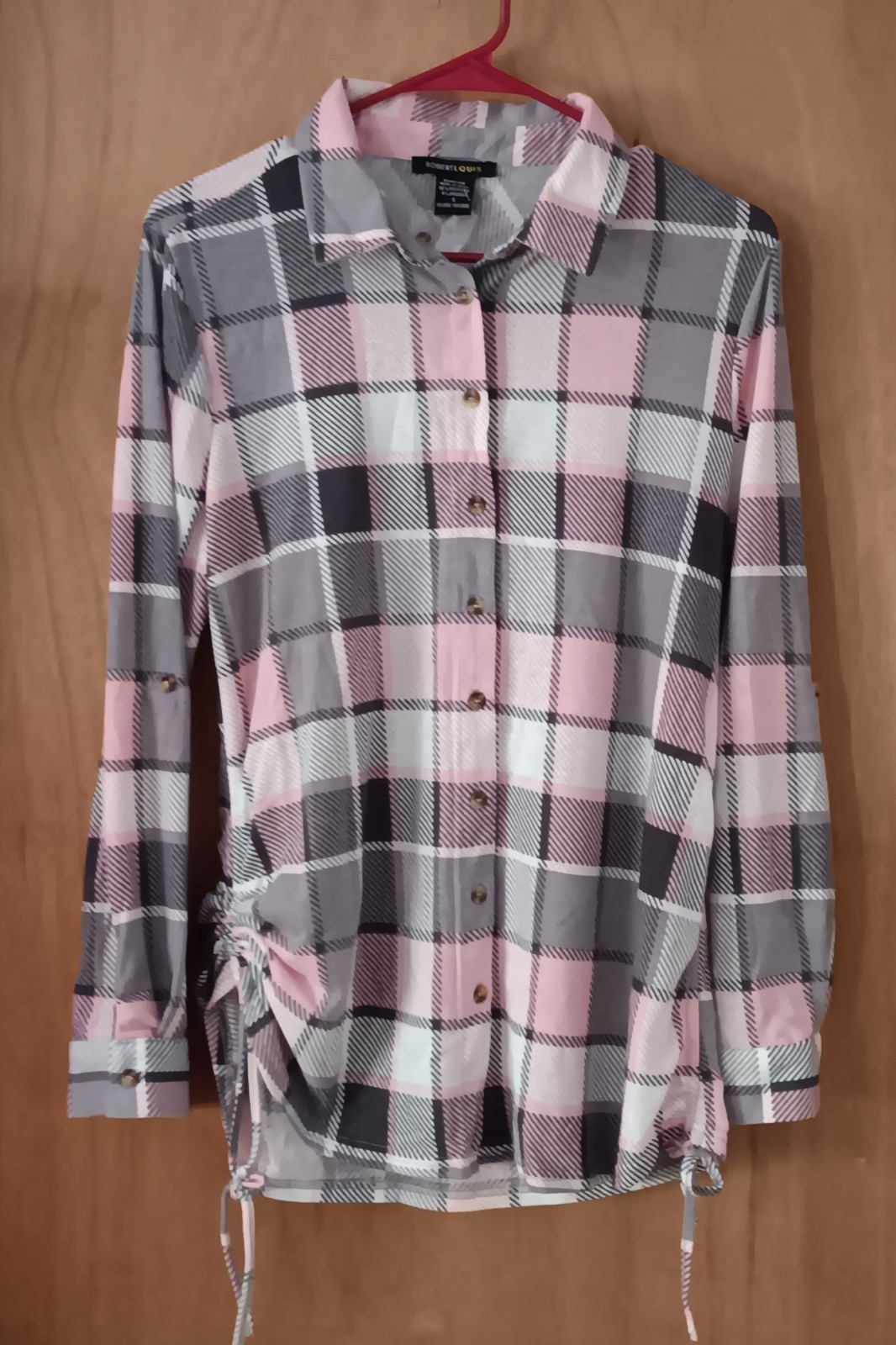 Robert Louis Women’s Small Pink/Gray Plaid Side Drawstring Ruching Button Shirt