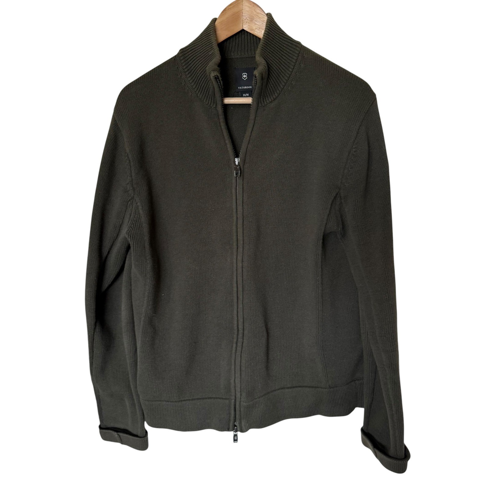 Victorinox Full Zip Cardigan Mens Medium Olive Green Excellent Cotton Sweater