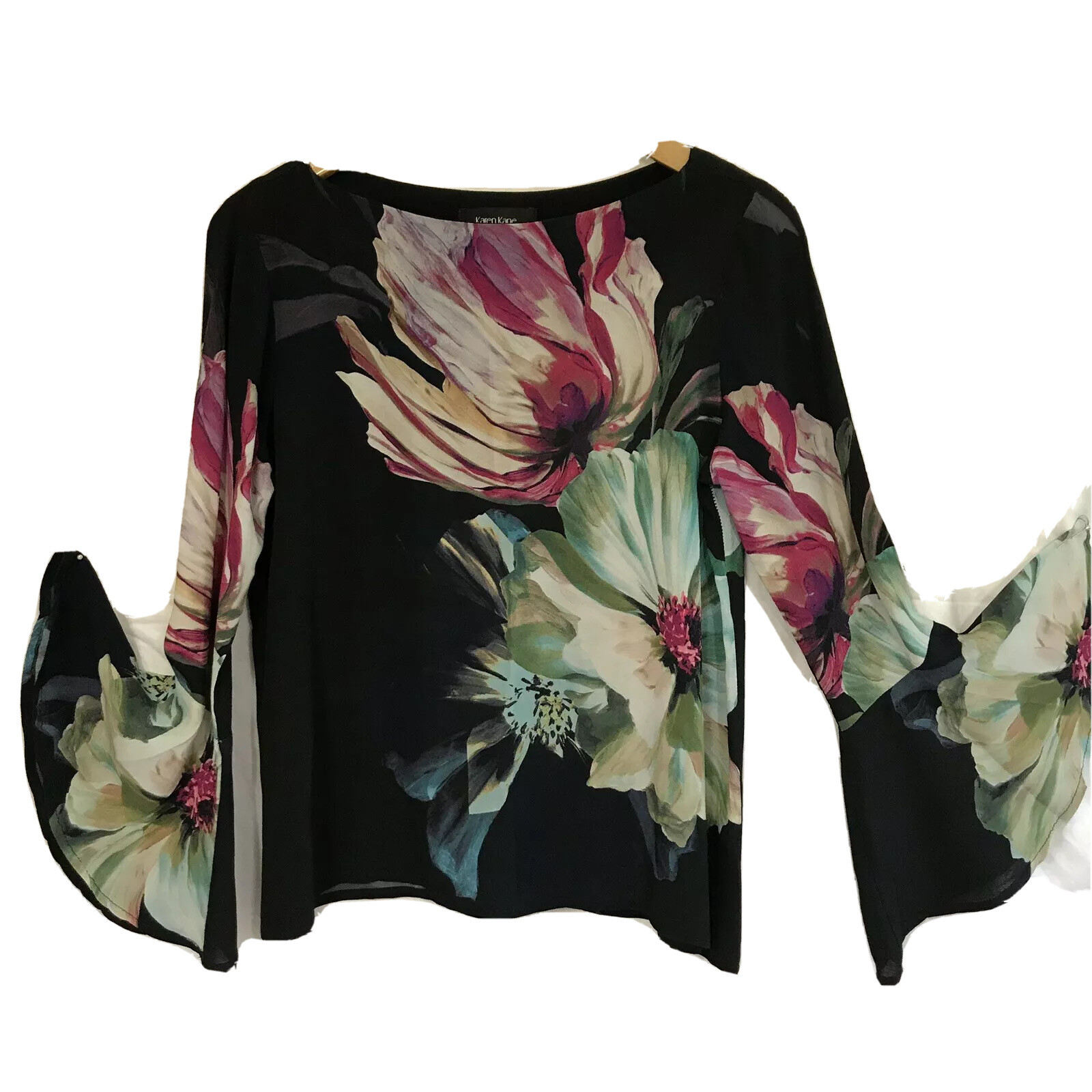 Karen Kane Black Flower Blouse Bell Sleeves Xs