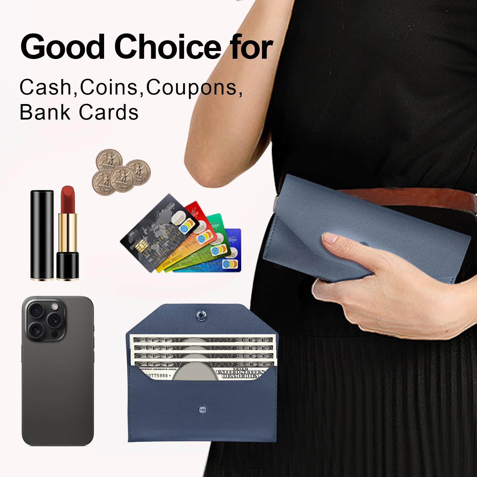 PU Leather Cash Envelope Wallet Women Reusable Budgeting Organizer Dark Blue
