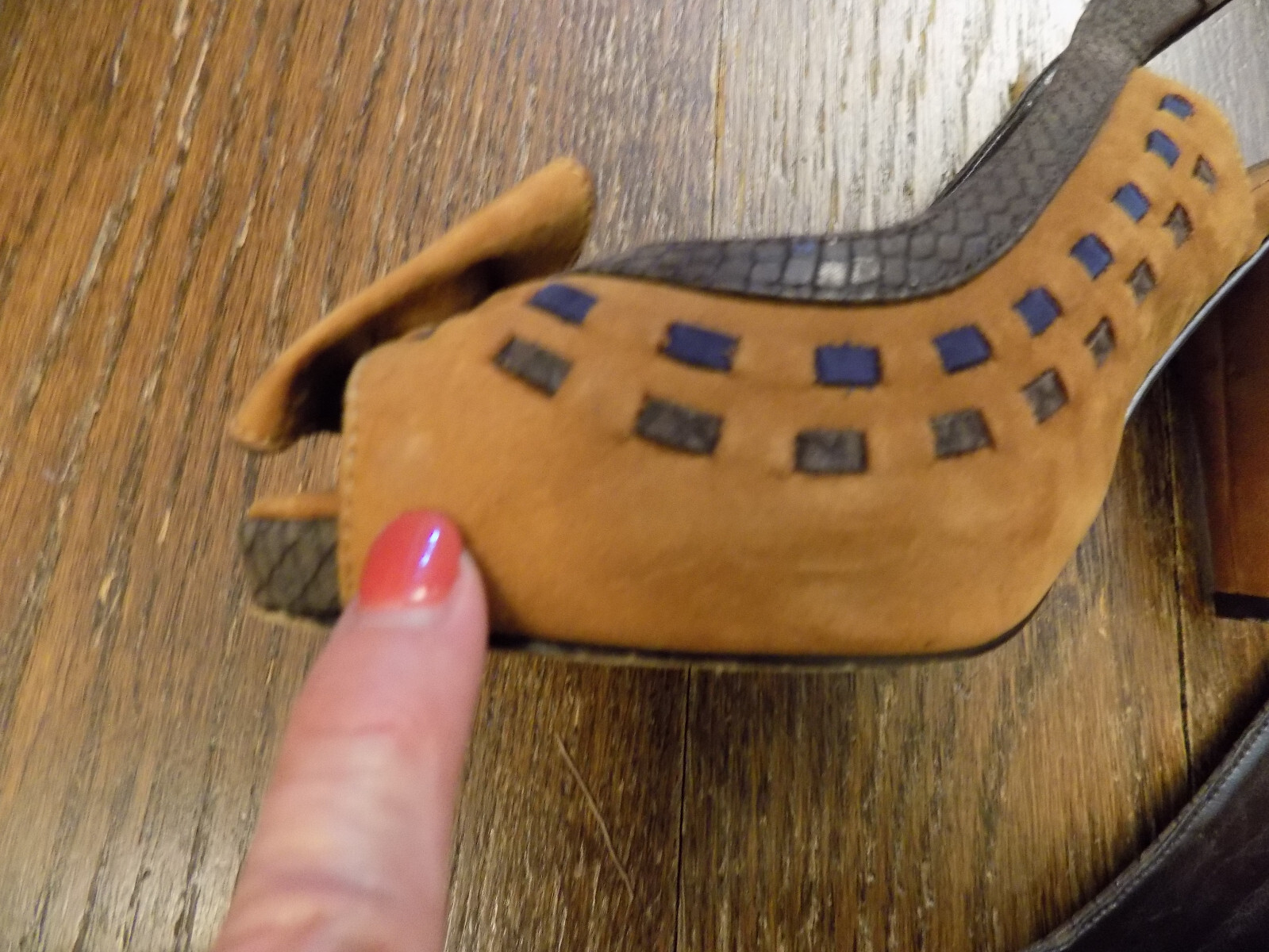 Jessica Bennett rust Brown Suede Pumps Slingback Peep Bow Toe Woven Snake sz 5.5