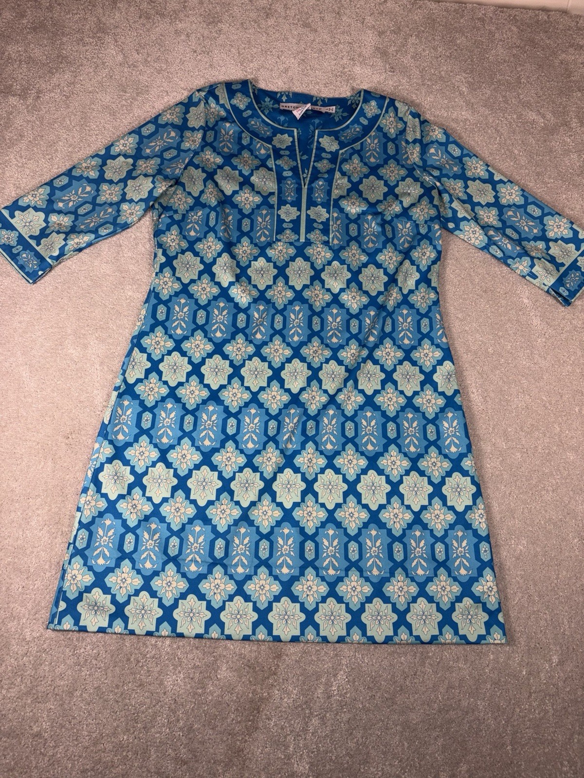Gretchen Scott Split Neck Jersey Dress Turquoise Geometric Print Large