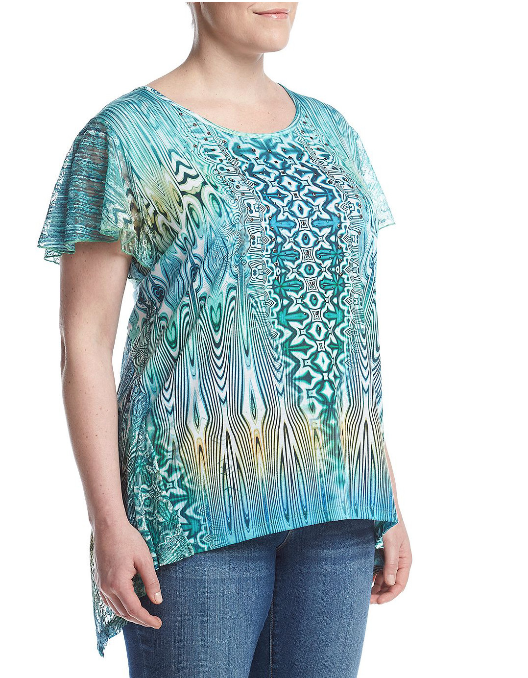 ONE WORLD GREEN BLUE PRINTED EMBELLISHED W/ LACE SHARKBITE HEM TOP PLUS Sz 1X