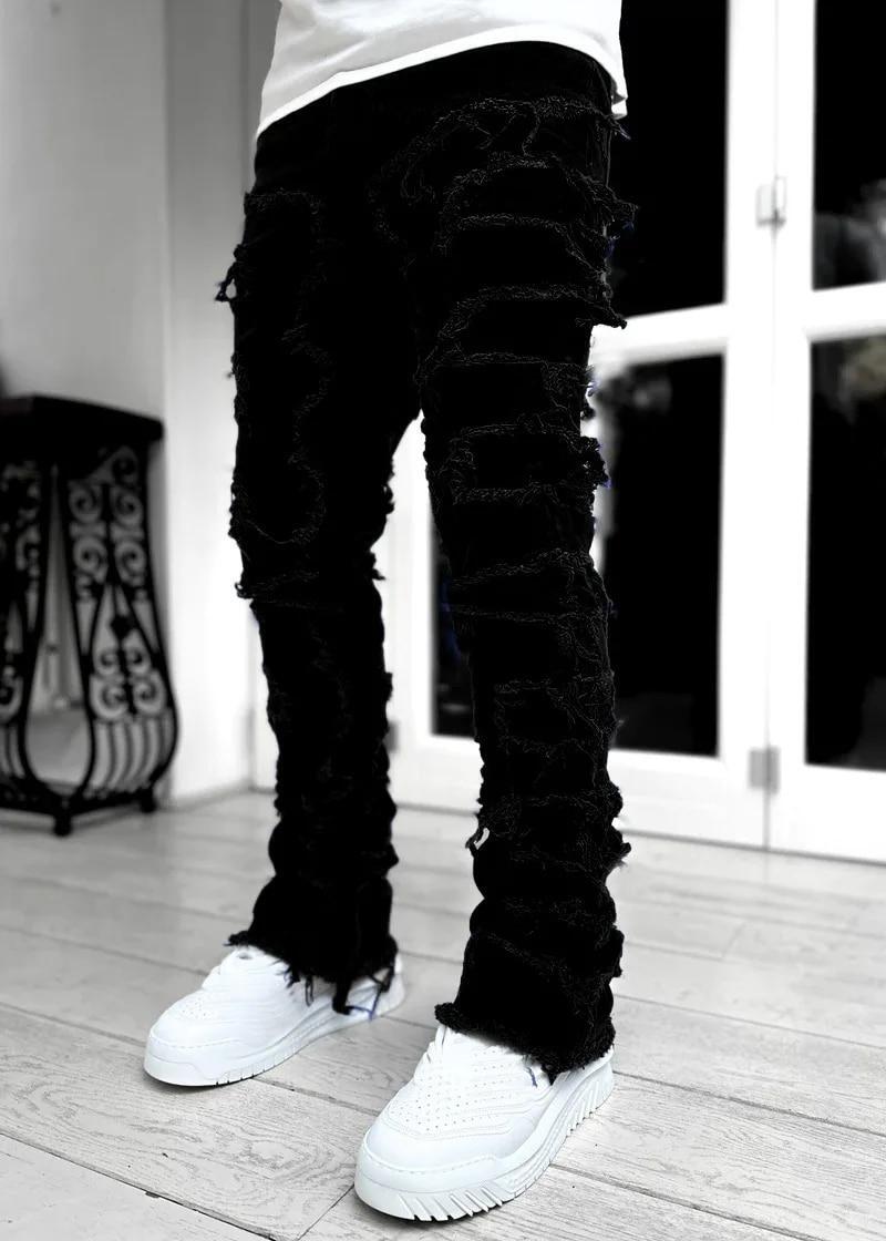 Men Fashion Jeans Street Stretch Patch Skinny Denim Straight Stacked Slim Pants
