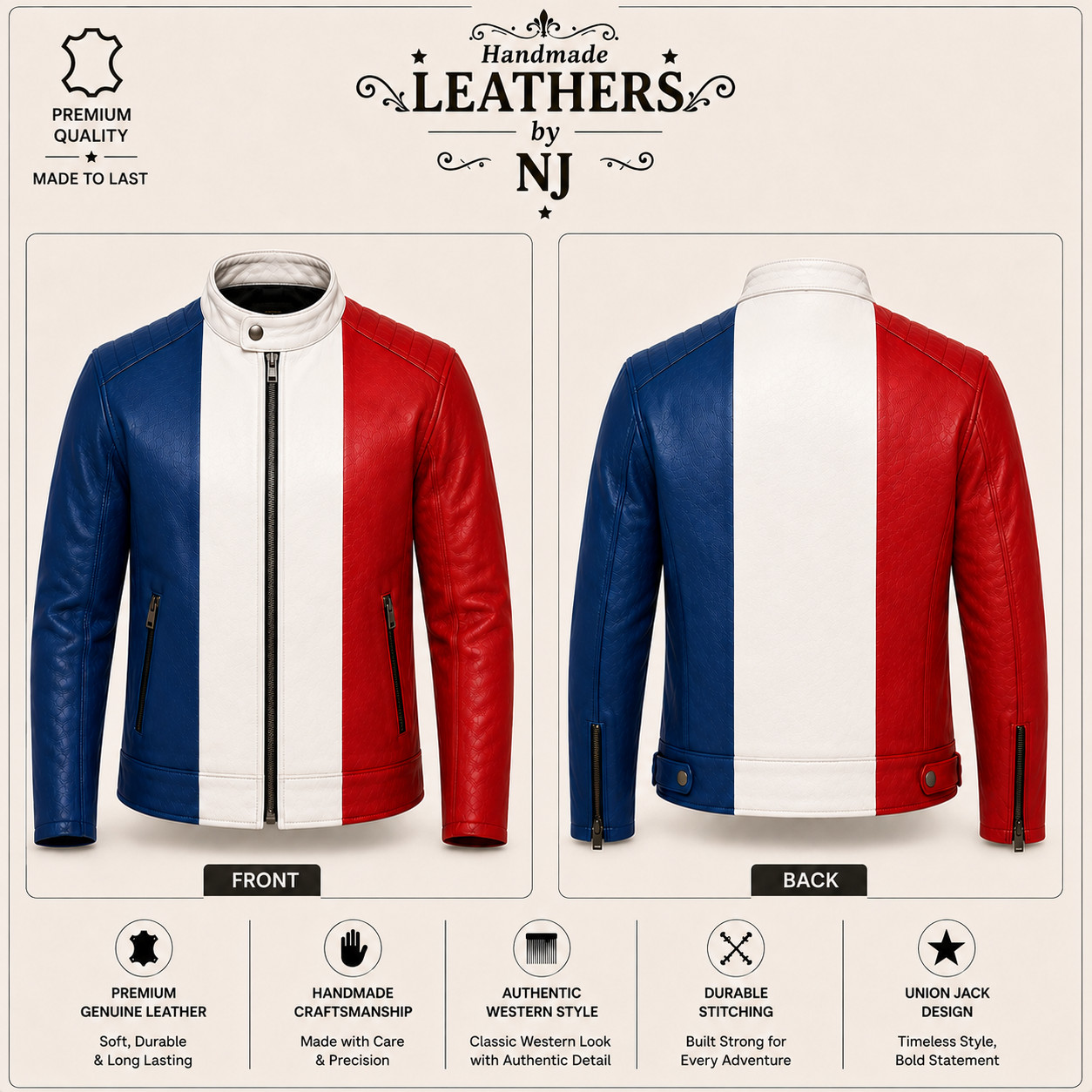 French Flag Leather Jacket, Union Jack Leather Coat, Men Women Vintage