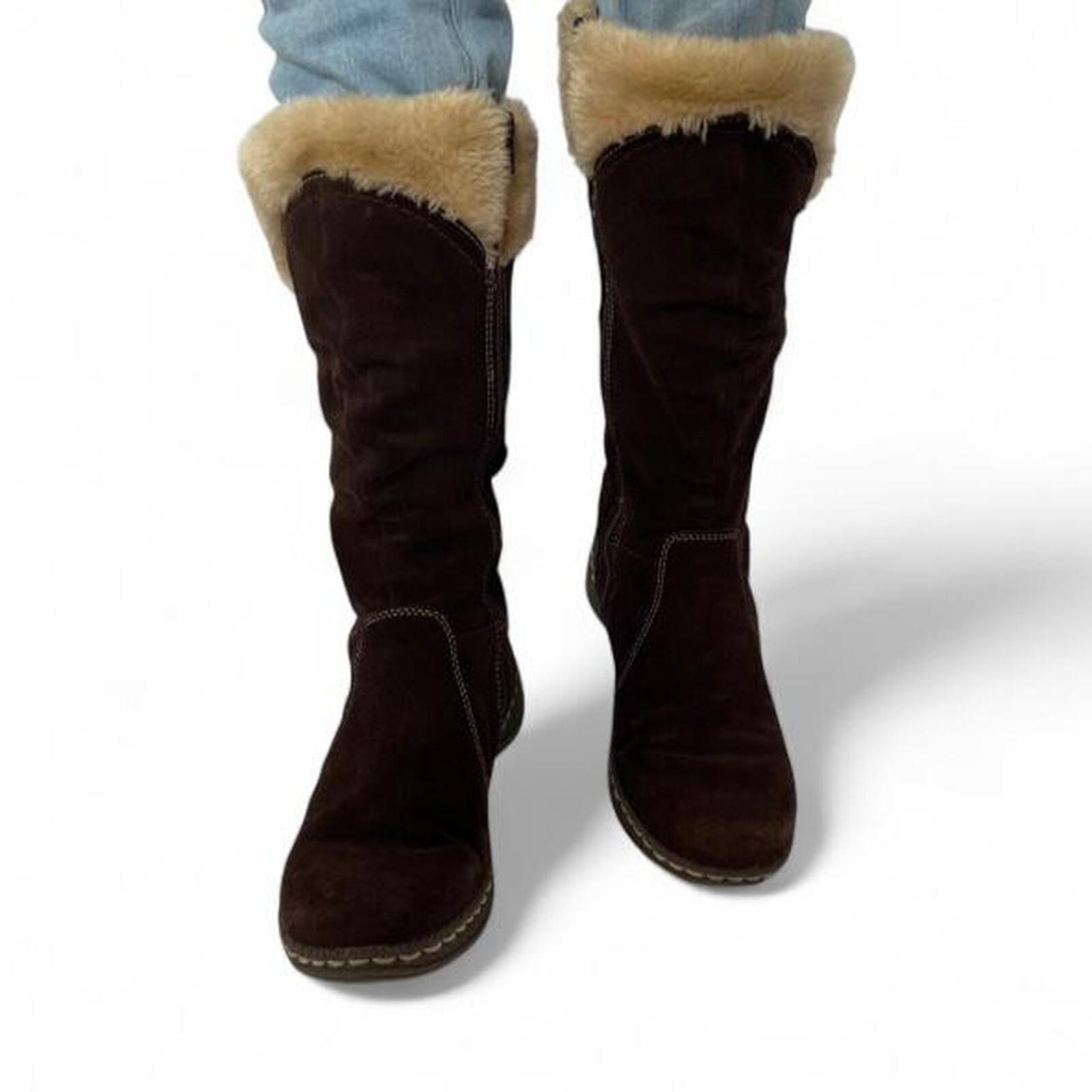 BareTraps Esha Brown Leather Faux Fur-Lined Mid-Calf Boots Y2K/2000s Button
