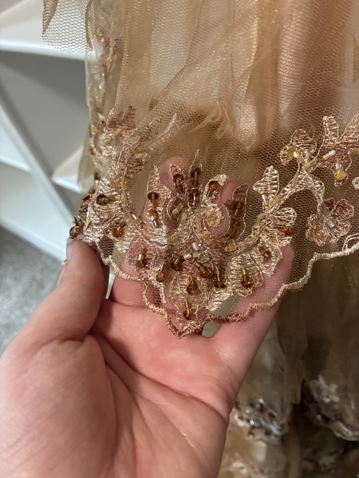 Do You Love Me? Gold Tan Beaded Halter V-Neck Formal Long Tulle Prom Gown 10
