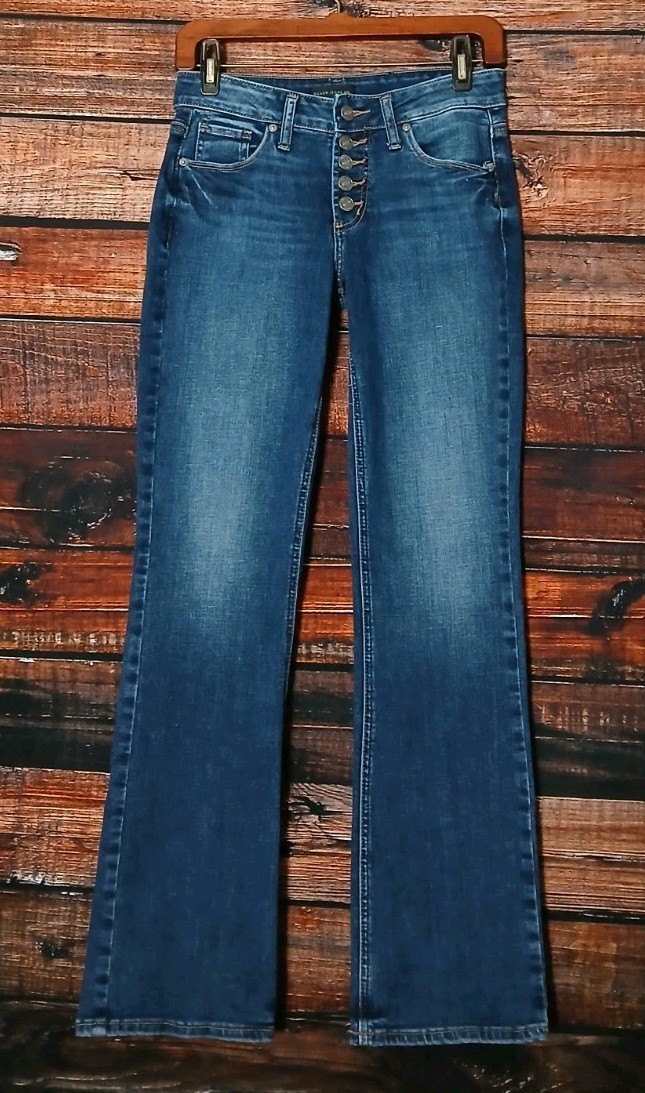 Silver Jeans 27 Suki Slim Boot Cut Button Fly Dark Wash Blue Denim Stretch