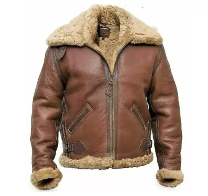 Brown RAF Aviator Men’s B3 Sheepskin Real Shearling Leather Flight Bomber Jacket