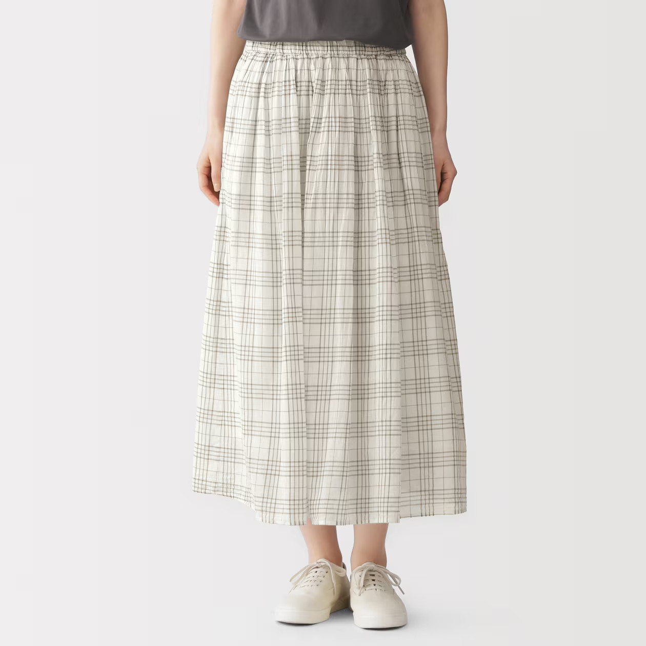 MUJI Womens 100% Cotton Gathered Skirt Ivory Check FedEx