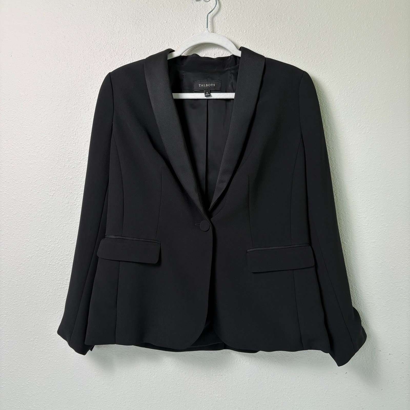 Talbots Tuxedo Blazer Womens 6 Black Satin Shawl Collar Single Button Formal