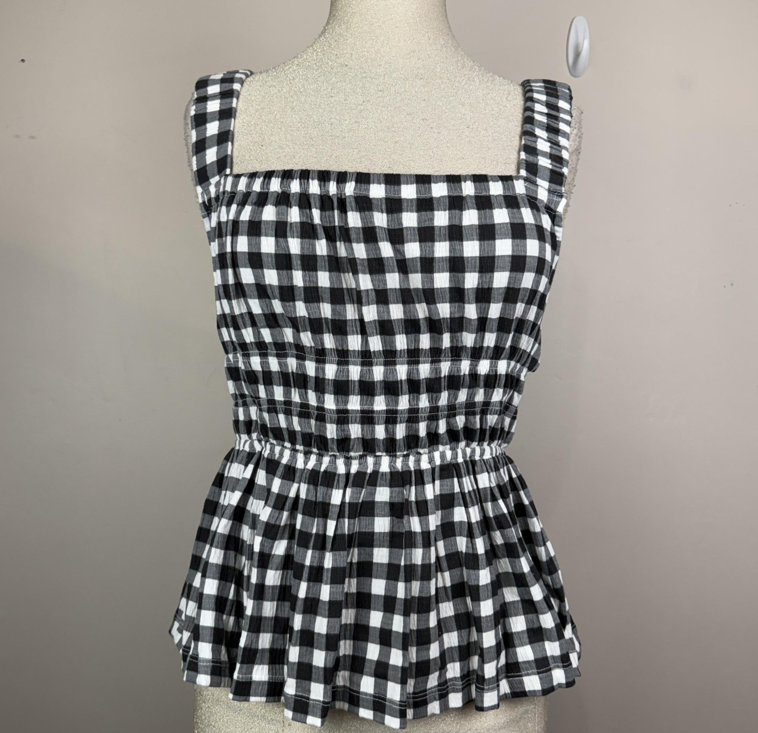 ASOS DESIGN Tank Top Womens 12 Black White Gingham Peplum Backless Cami Summer