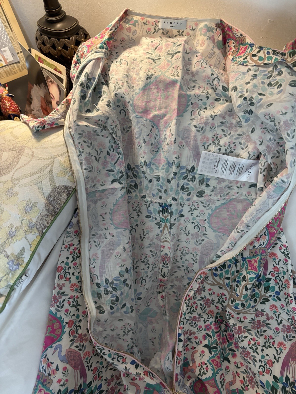 FLASH SALE! Gently worn Sandro Midi dress with Teal & Pink Crane Print. Size 34!